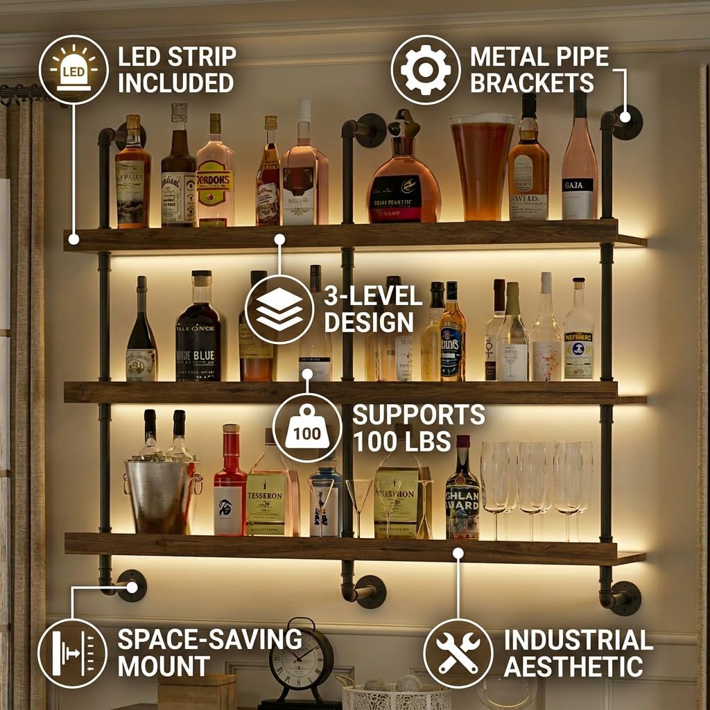 벽걸이식 LED 조명 와인랙 3단 플로팅 바 선반 주류 - Kitchen Decor Lighting 리뷰 및 가격