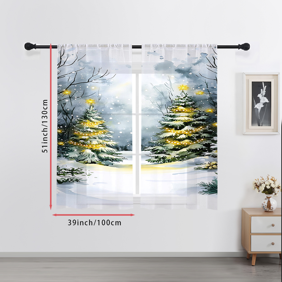 2PCS 쉬어 커튼 수채화 크리스마스 트리 라이트 스노 - Office Lighting Decor 리뷰 및 가격